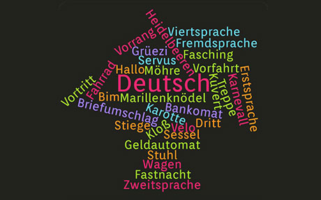 Symbolgrafik Deutsch als Fremdsprache/Deutsch als Zweitsprache, deutsche Wörter in einer Wordcloud