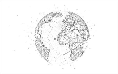 Symbolgrafik VÖV International, stilisierte Erde in schwarz-weiß mit Netz umspannt